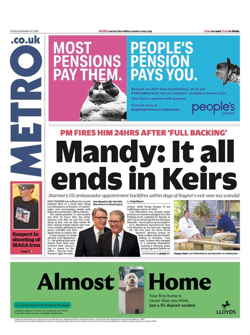 The headline on the front page of the Metro reads: "Mandy: It all ends in Keirs".