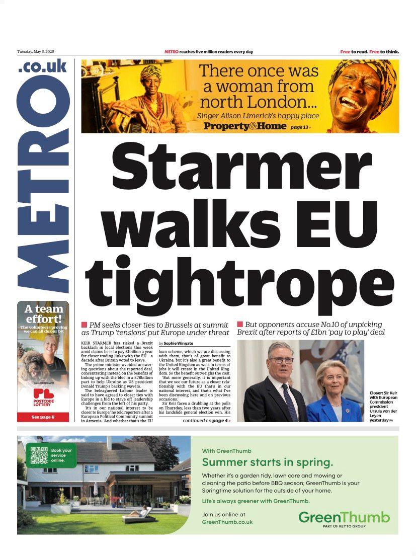 Titulli në faqen e parë të Metro thotë: “Starmer ecën në litarin e BE-së”.