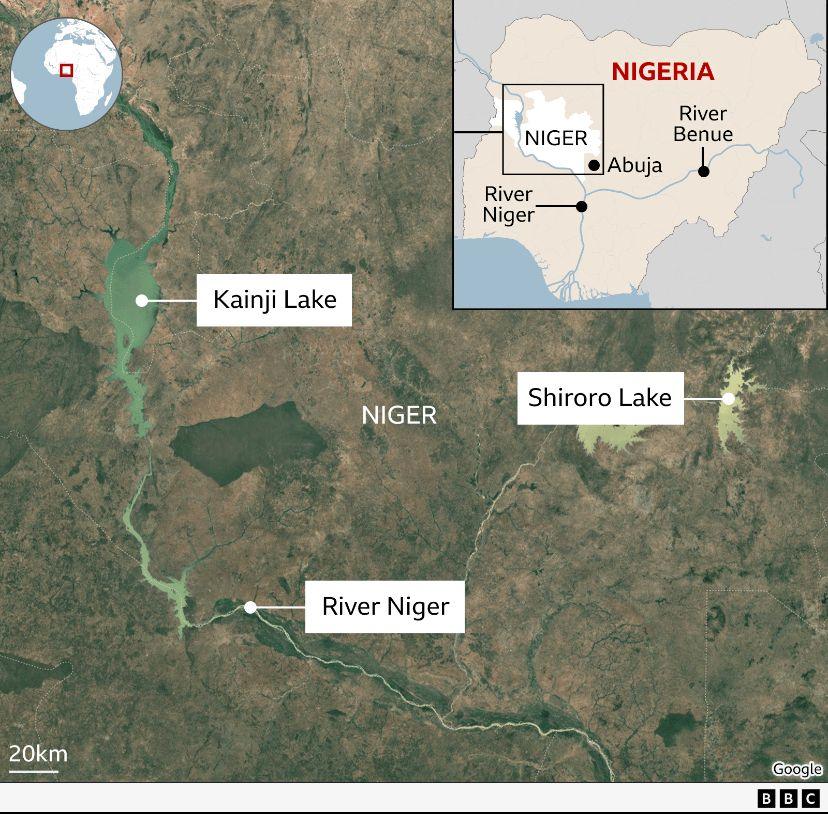 A satellite image showing water bodies in Niger state of central Nigeria including Kainji and Shiroro. It also shows the River Niger