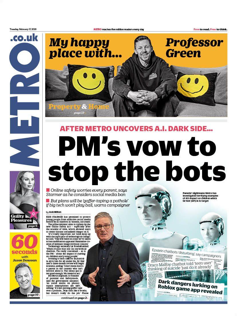 Në faqen e parë të Metro-s shkruan: "Betimi i Kryeministrit për të ndaluar robotët".