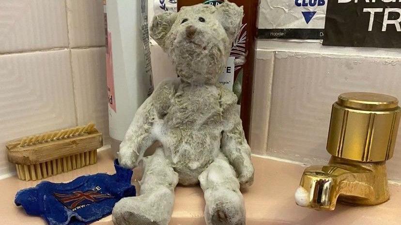 mascot teddy bear Placido placed on the sink next to the tap, covered in soap suds after being washed