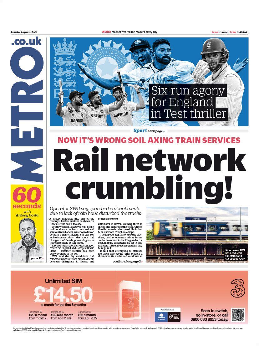 The headline on the front page of the Metro reads: "Rail network is crumbling!"