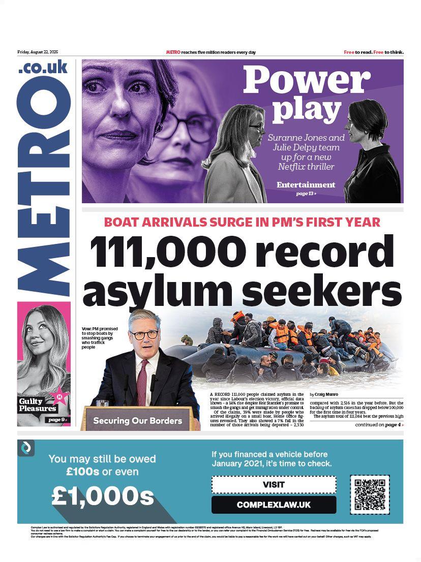"111,000 record asylum seekers" reads the headline on the front page of Metro.