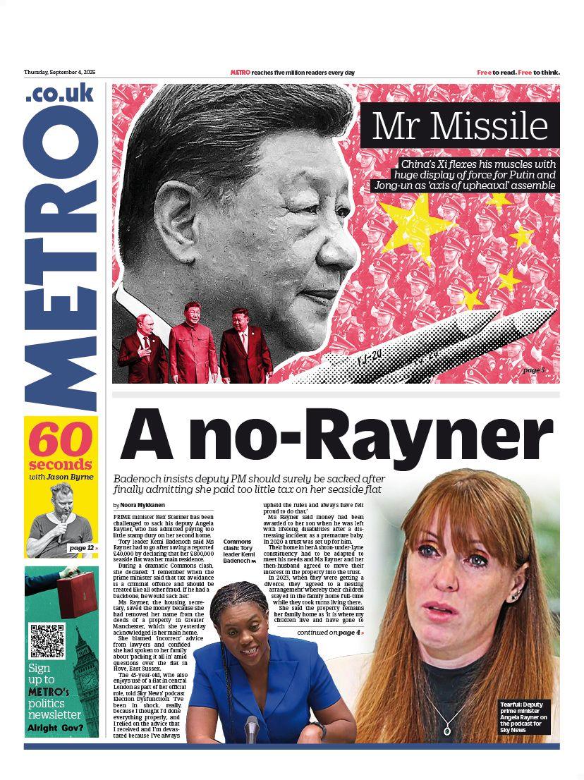 The headline on the front page of the Metro reads: "A no-Rayner".