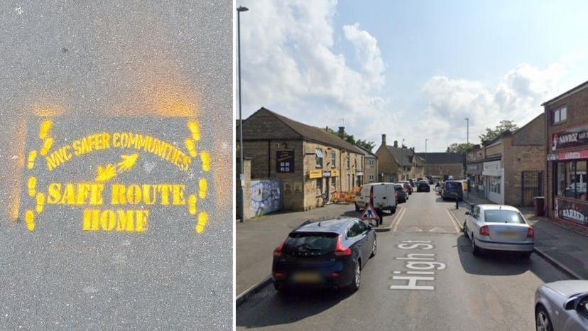 Spray-painted writing on the road, it reads: NNC Safer communities. Safe Route Home