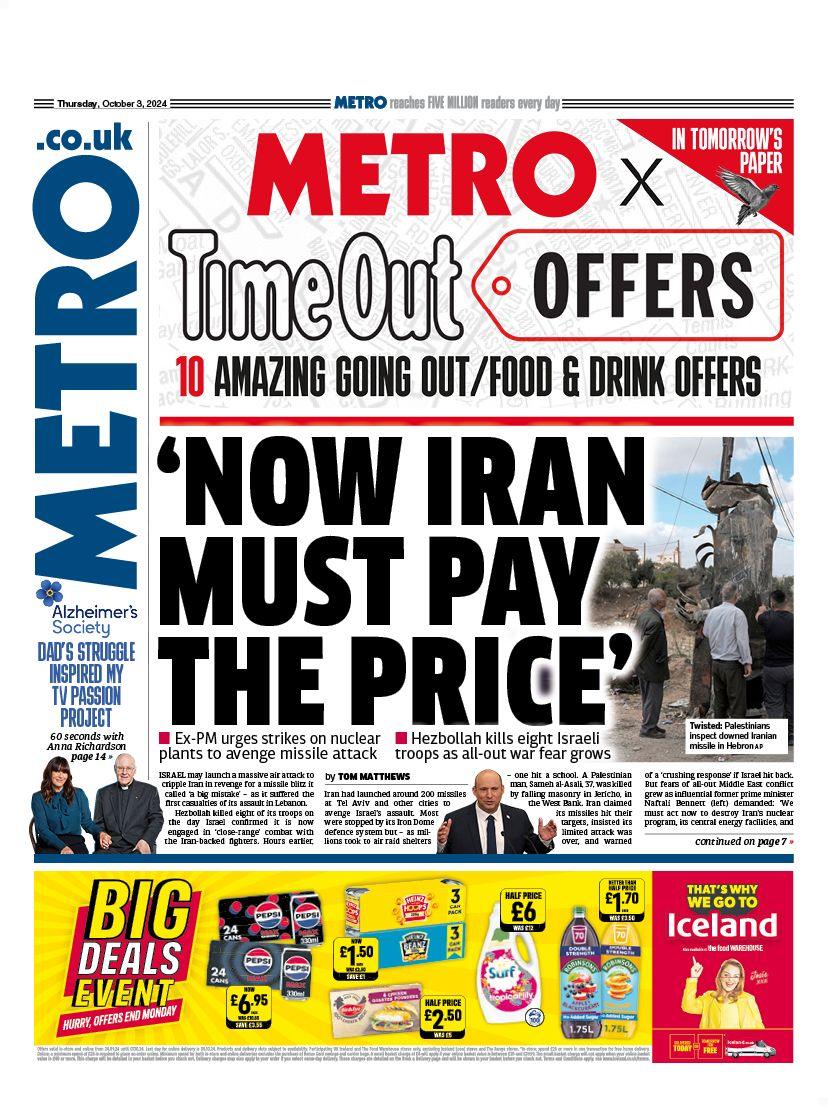 The Metro front page for 3 October 