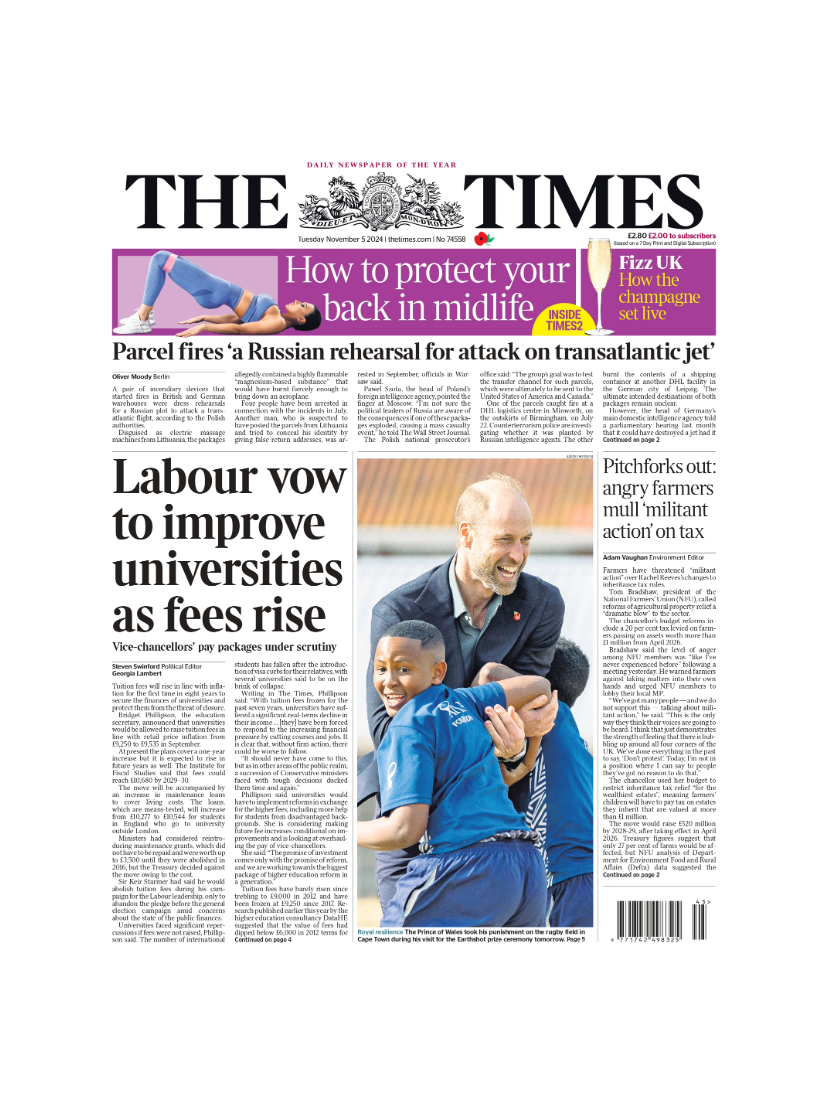 The headline on the front page of the Times reads: "Labour vow to improve universities as fees rise"  