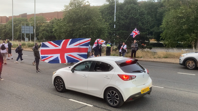 In Hampshire a group of anti-immigration protesters blocked a major road in Portsmouth. Up to 200 protesters, some holding union flags and chanting “save our kids”, repeatedly blocked Mile End Road, just outside the city’s ferry port