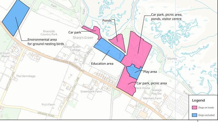 A map showing planned changes to dog walking rules in Riverside Country Park, Medway.