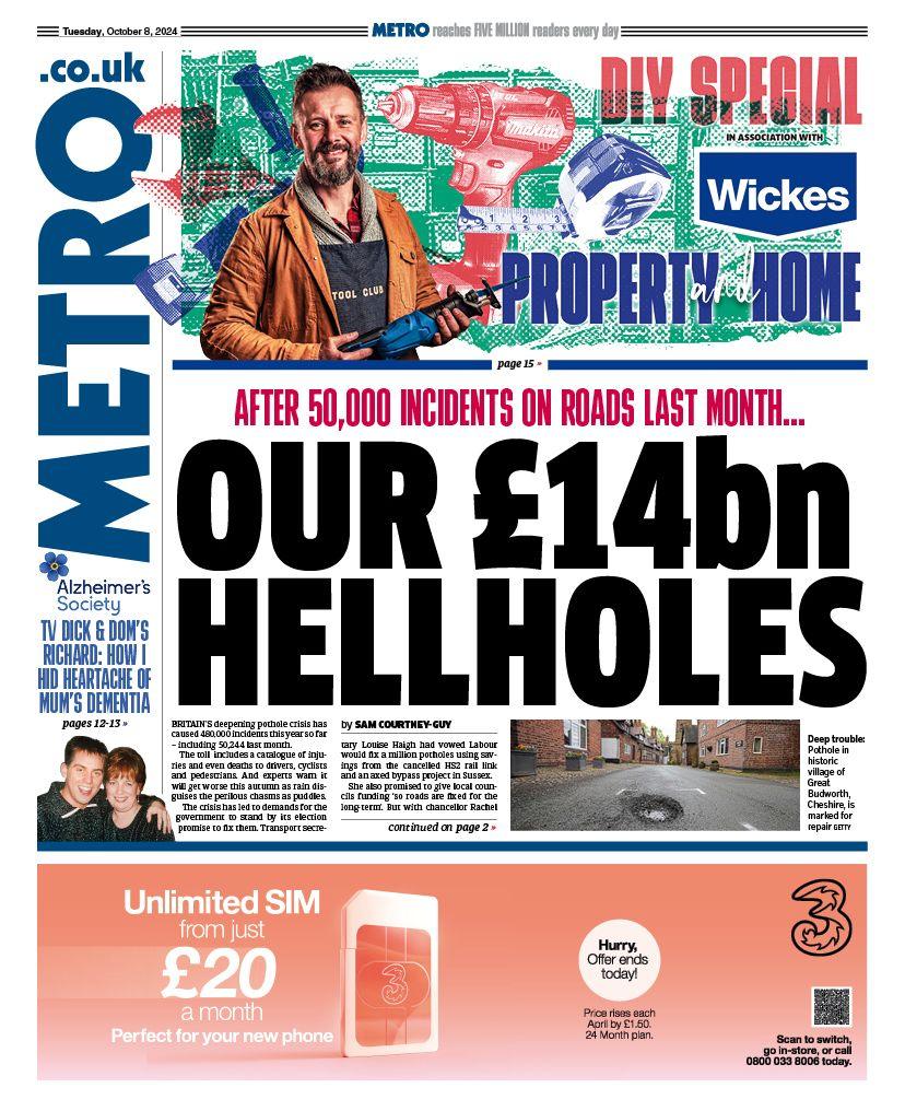 Front page of the Metro