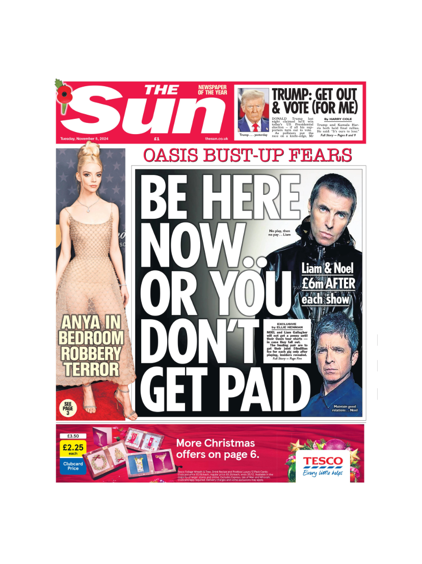 The headline on the front page of the Sun reads: "Be here now or you don't get paid" 