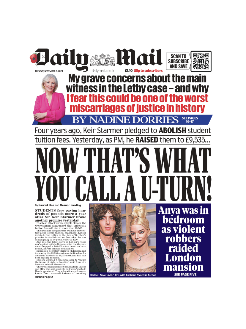 The headline on the front page of the Daily Mail reads: "Now that's what you call a U-turn!"