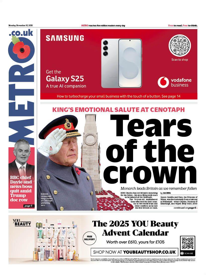 The headline on the front page of the Metro reads: "Tears of the crown".