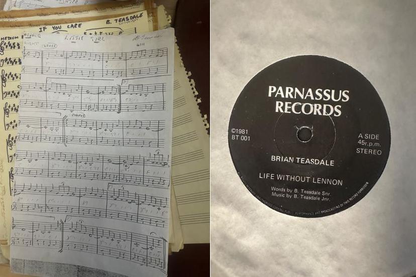 An image of the hand-written paper score for the lullaby Brian Teasdale wrote for his daughter alongside another image of a vinyl copy of Life Without Lennon which Brian Teasdale also wrote and published.