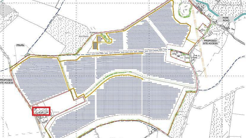 A map of part of the planned solar farm. It shows solar panels across a number of fields. Ms McNeill's property is marked by a red square with solar panels on tree sides on the area. 