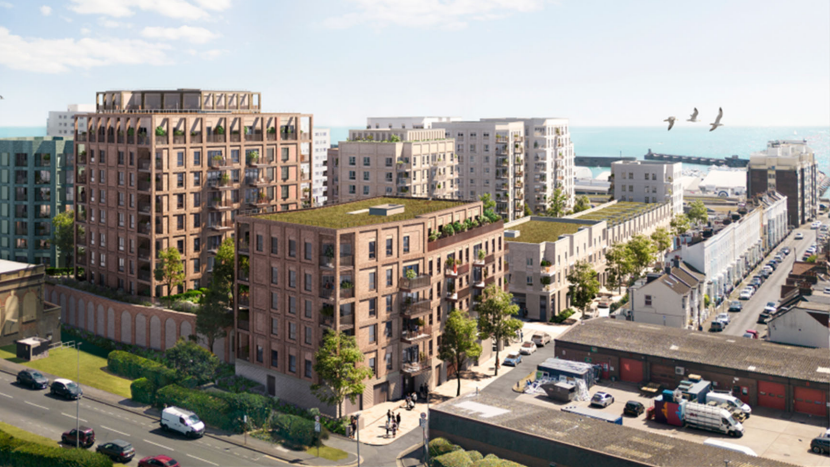 A computer-generated image of a housing development. 