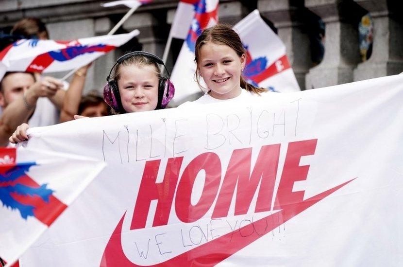 England fans during a fan celebration to commemorate England"s historic UEFA Women"s EURO 2022 triumph in Trafalgar Square.