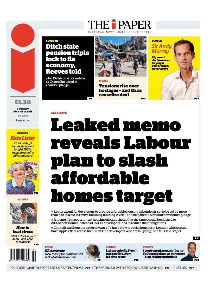 The headline on the front page of the i Paper reads: “Leaked memo reveals Labour plan to slash affordable homes target”.