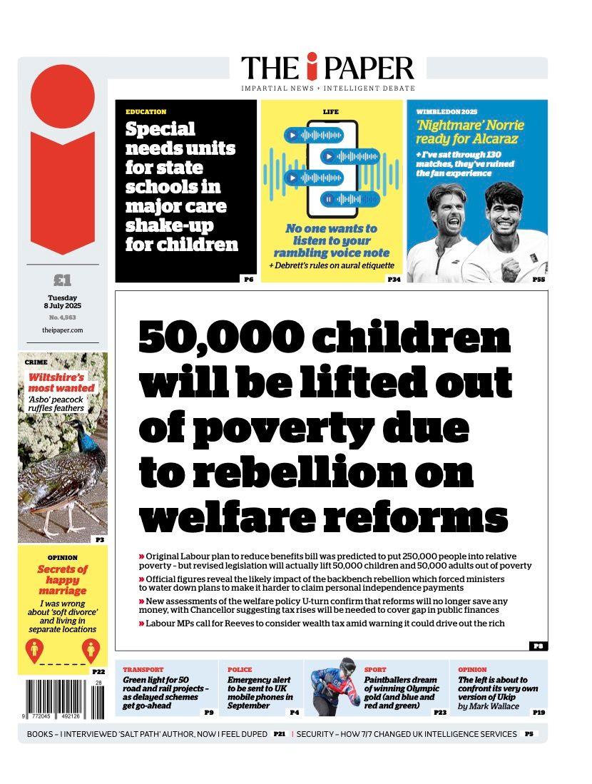 "50,000 children will be lifted out of poverty due to rebellion on welfare reforms," is the headline on the i Paper.