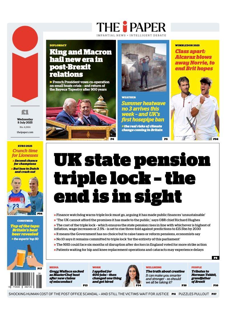 "UK state pension triple lock - the end is in sight," is the headline on the front page of the i Paper.