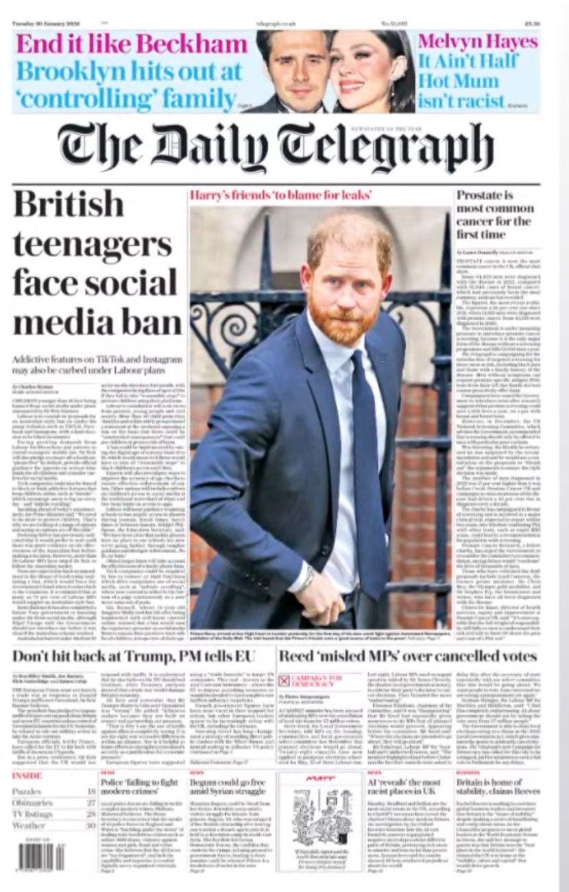 Titulli në faqen e parë të Daily Telegraph thotë: "Adoleshentët britanikë përballen me ndalimin e mediave sociale".