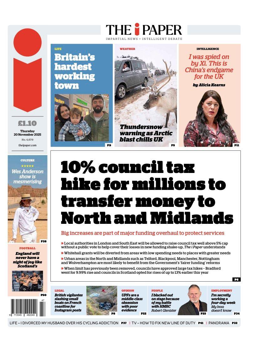 The headline on the front page of the i Paper reads: “10% council tex hike for millions to transfer money to North and Midlands”.