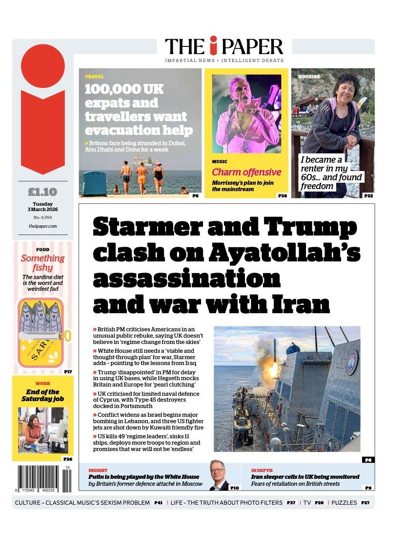 Titulli në faqen e parë të iPaper thotë: “Starmer dhe Trump përplasen për vrasjen e Ajatollah-ut dhe luftën me Iranin”.