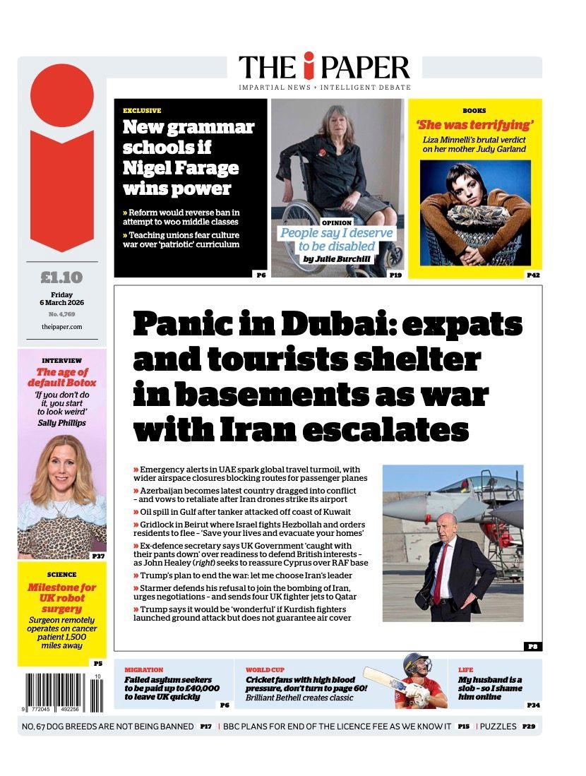 Titulli në faqen e parë të iPaper thotë: “Panik në Dubai: emigrantët dhe turistët strehohen në bodrume ndërsa lufta me Iranin përshkallëzohet”.