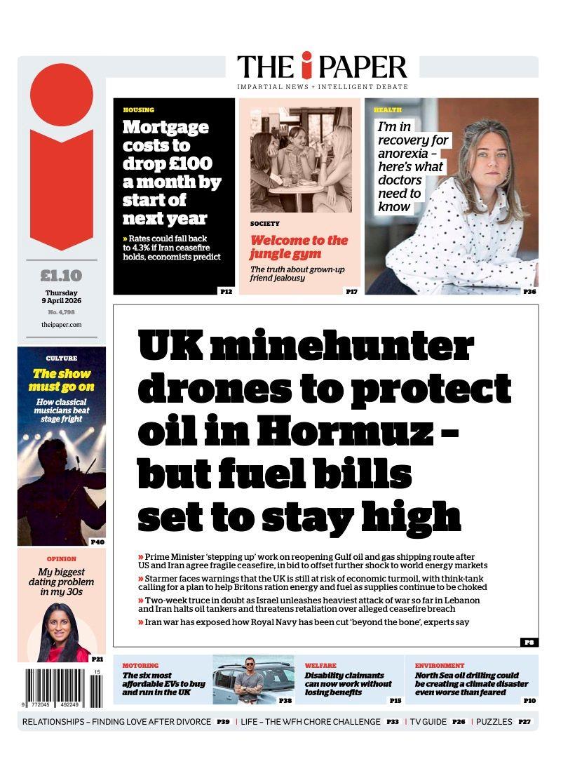 Titulli në faqen e parë të iPaper thotë: “Dronë britanikë për gjuetarët e minave do të mbrojnë naftën në Hormuz - por faturat e karburantit do të mbeten të larta”.