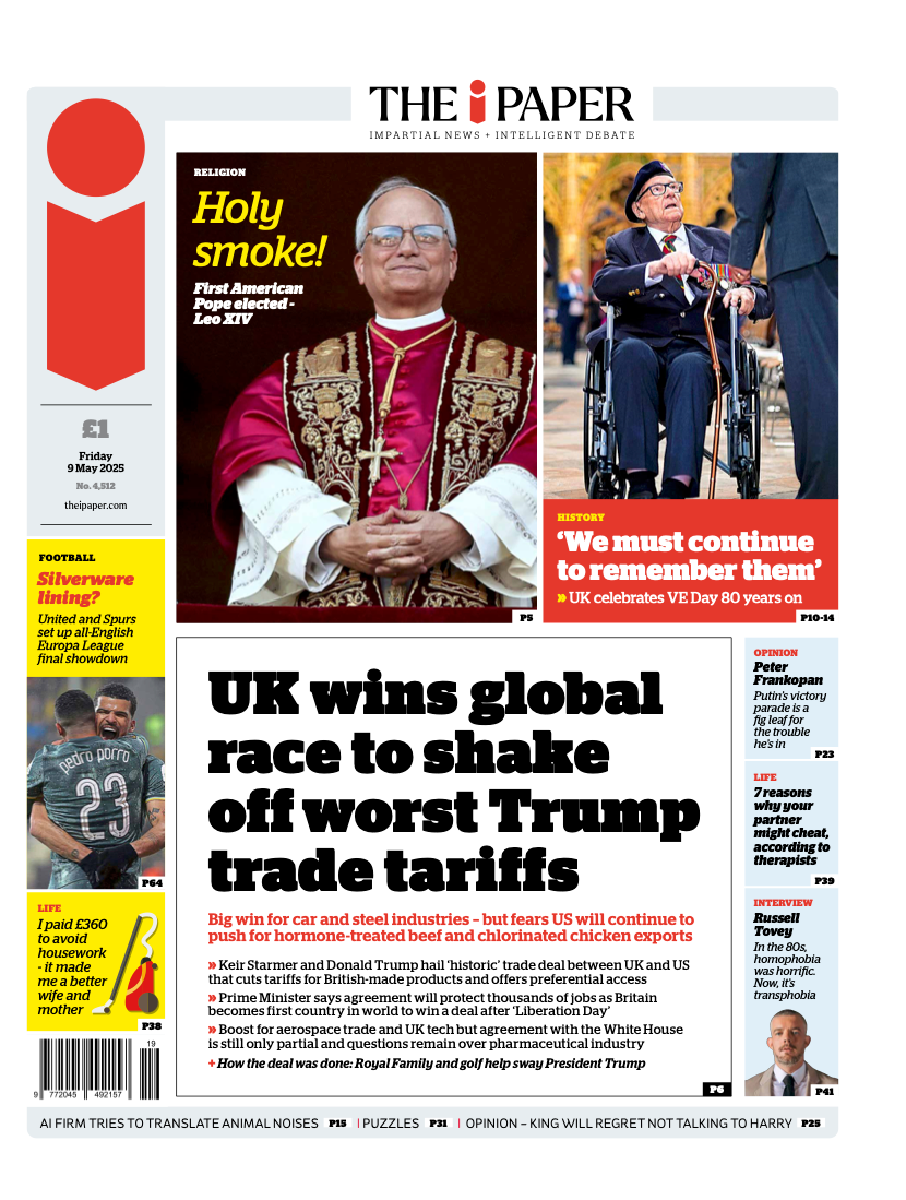 The headline on the front page of the I reads "UK wins global race to shake off worst Trump trade tariffs".
