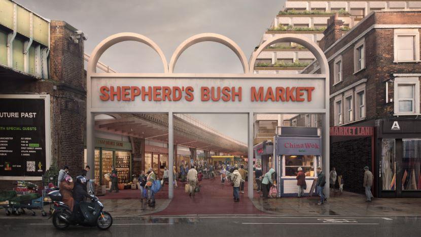 How the Shepherd's Bush Market might look once redevelopment work has been done. There appear to be new buildings and a new sign in the mock-up