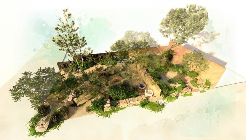 A 3D model of the finished garden which includes trees and green plants of various sizes.