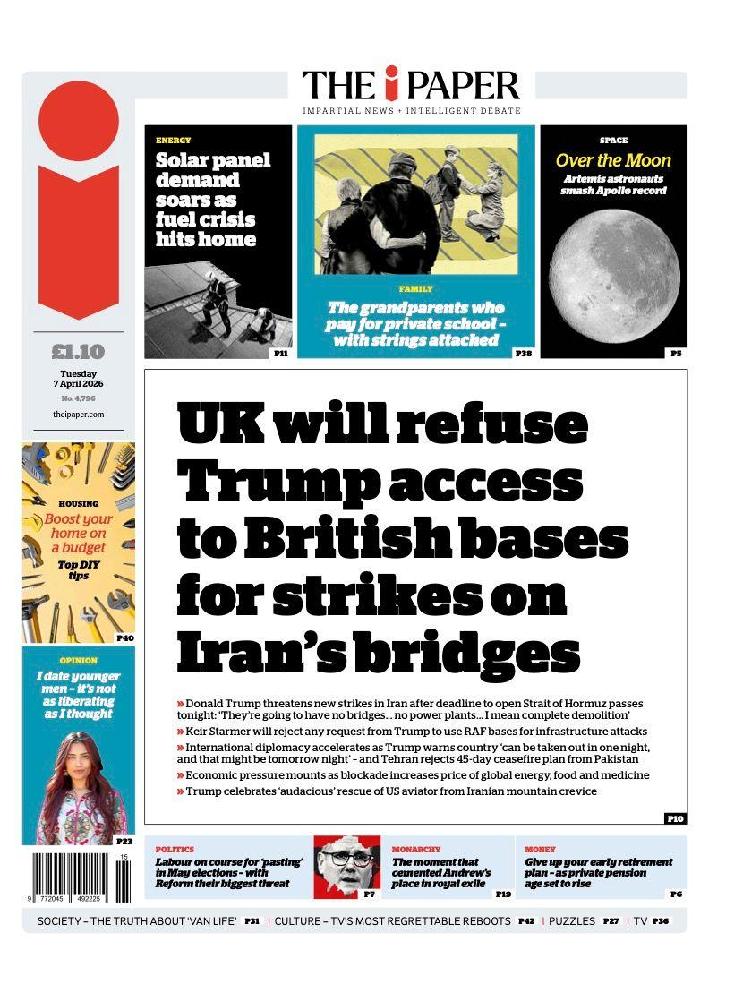 Titulli në faqen e parë të iPaper thotë: “Mbretëria e Bashkuar do t’i refuzojë Trumpit qasje në bazat britanike për sulme në urat e Iranit”.