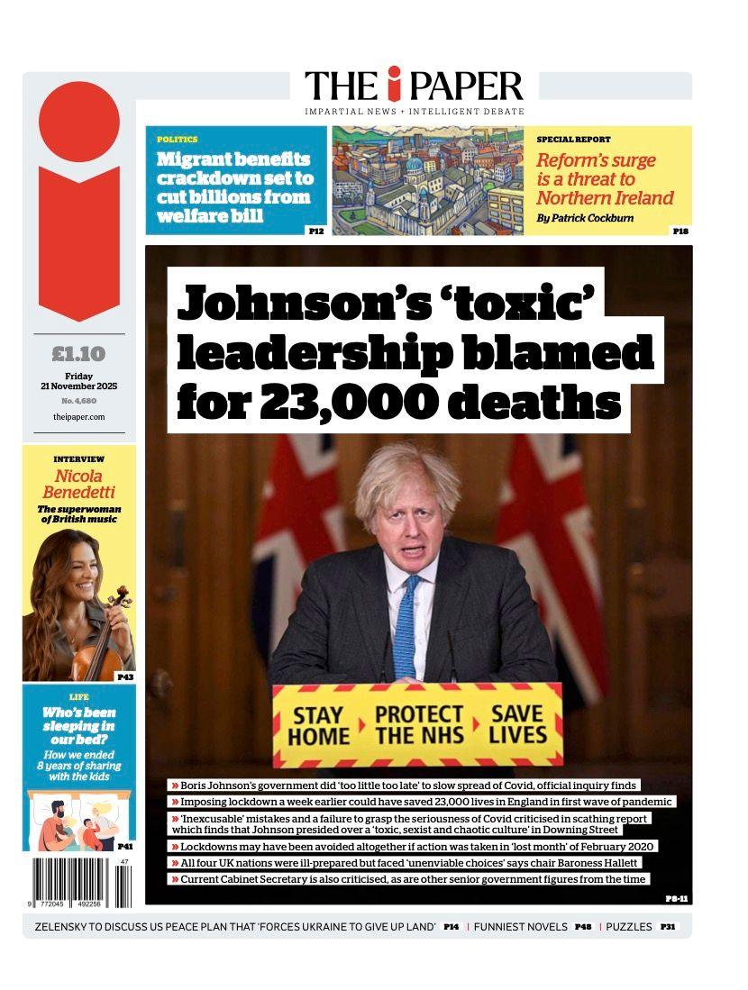 The headline on the front page of the i Paper reads: “Johnson's 'toxic' leadership blamed for 23,000 deaths”.