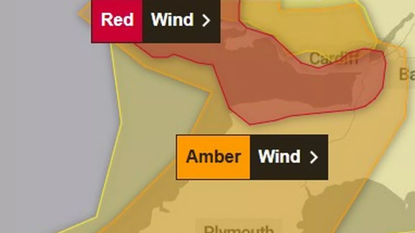 A Met Office map of the Bristol Channel and North Somerset showing red and amber warnings