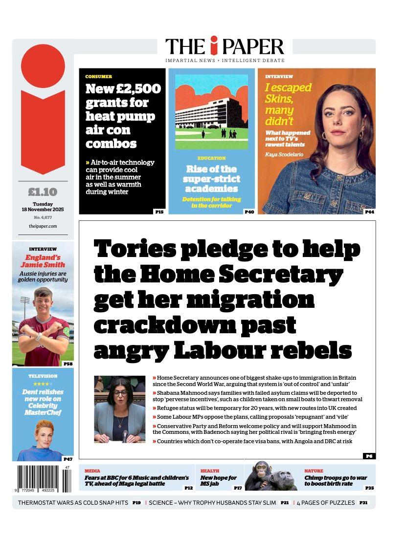 The headline on the front page of the i Paper reads: “Tories pledge to help the Home Secretary get her migration crackdown past angry Labour rebels”.