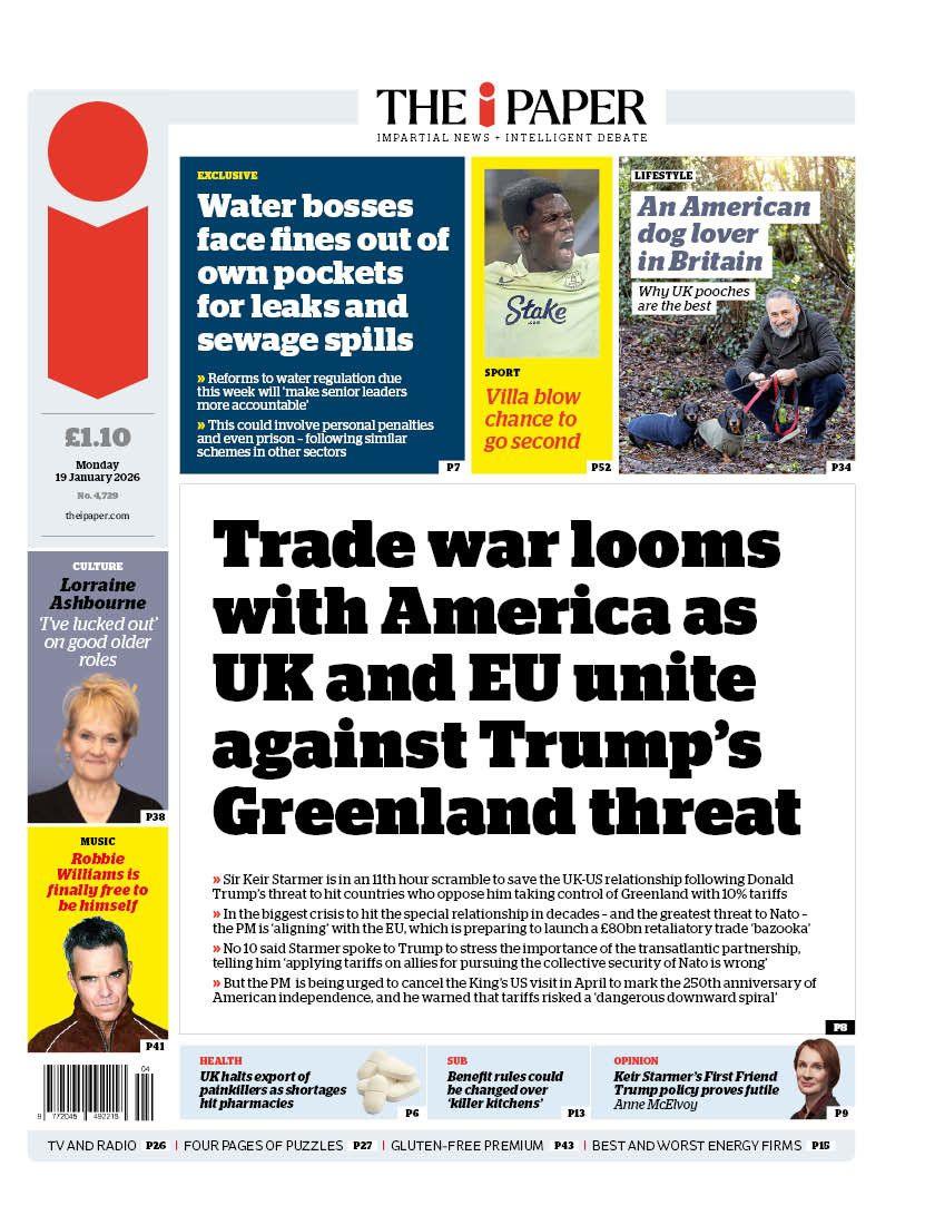 Titulli në faqen e parë të iPaper thotë: “Lufta tregtare po afrohet me Amerikën, ndërsa Mbretëria e Bashkuar dhe BE bashkohen kundër kërcënimit të Trump për Grenlandën”.