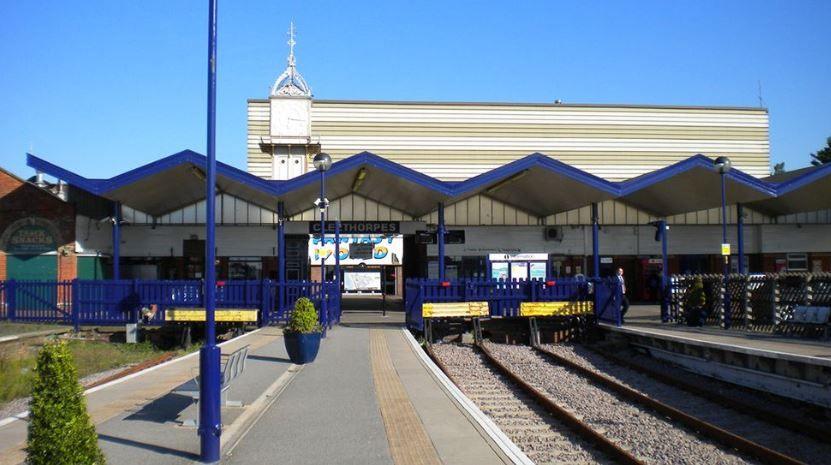 The concourse at Cleethorpes station showing the empty platforms and the station clock tower.