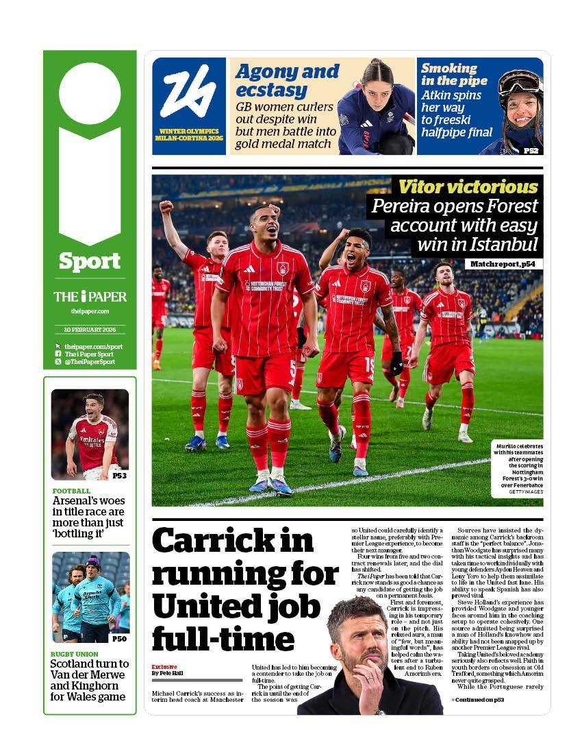 Back page of the i newspaper, which has a main headline reading: "Carrick in running for United job full-time".