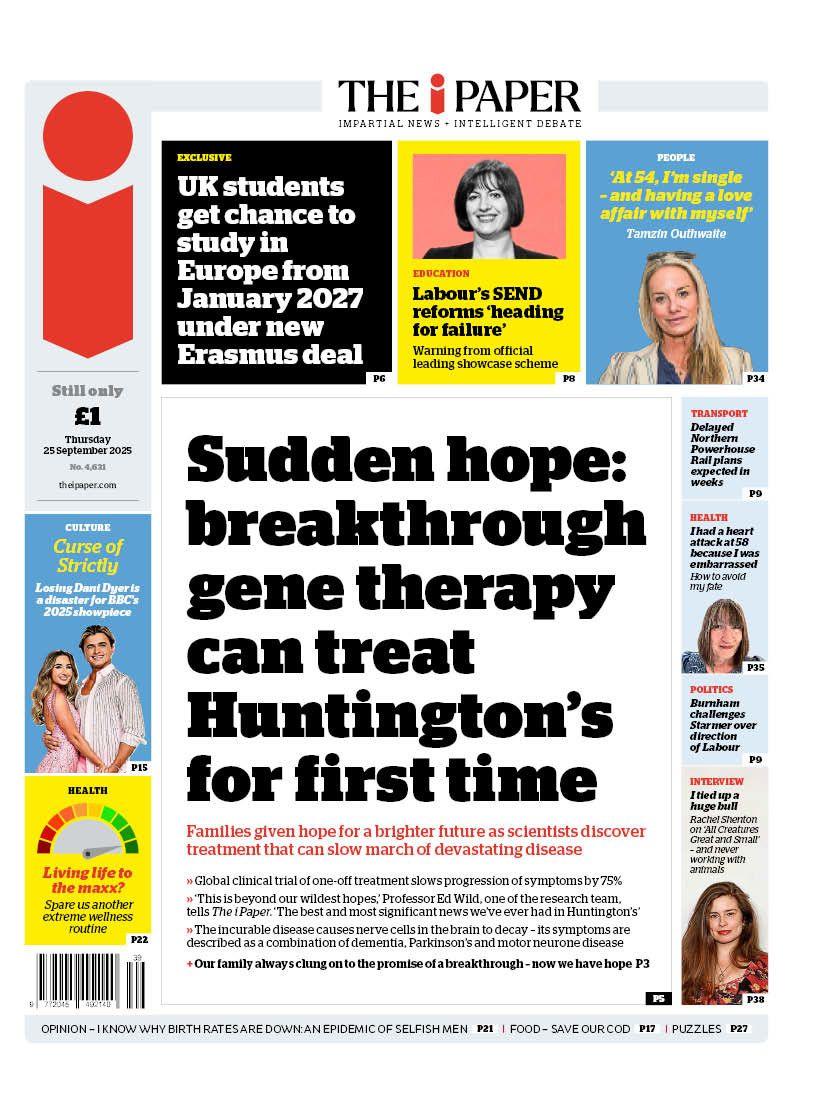 "Sudden hope: breakthrough gene therapy can treat Huntington's for first time" reads the headline on the front page of The i Paper.