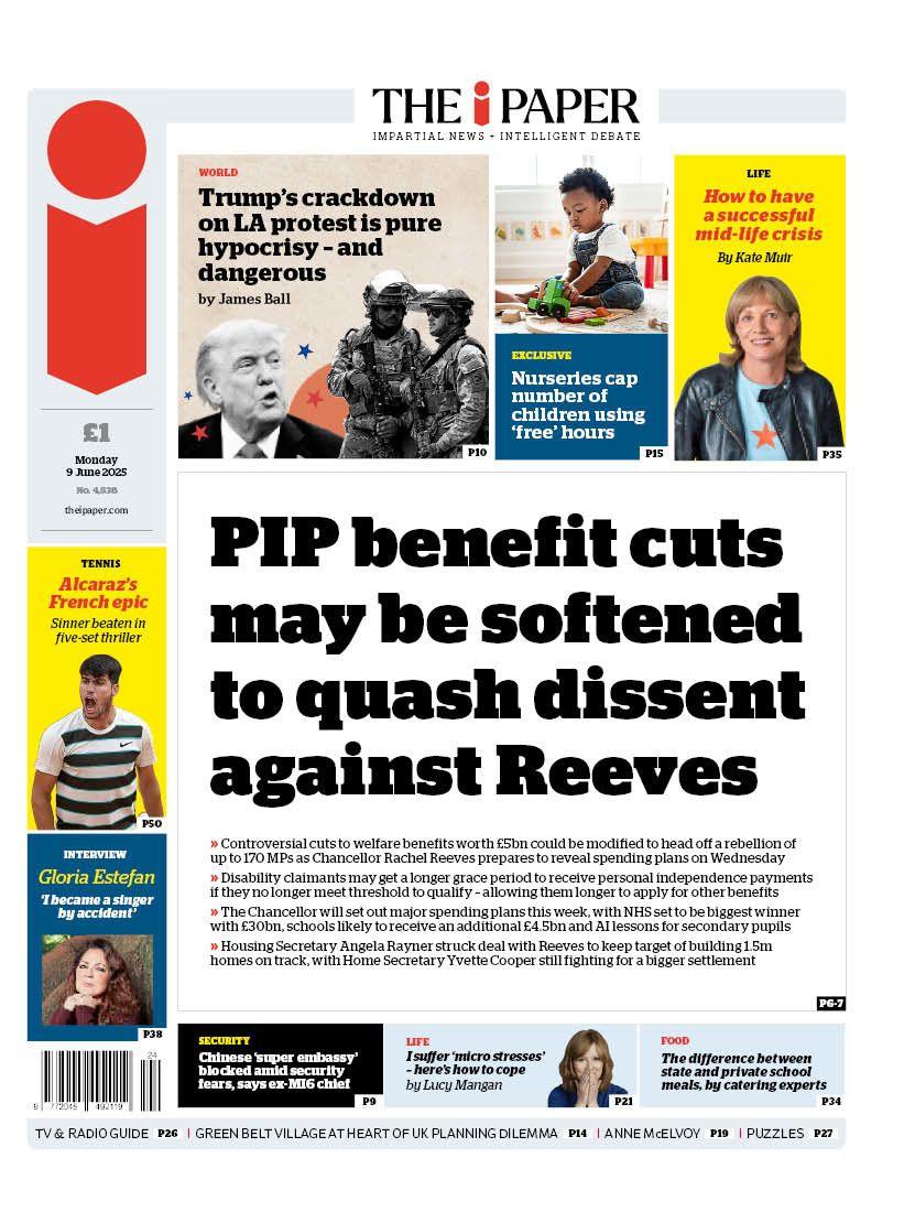 The headline on the front page of the i Paper reads: "PIP benefit cuts may be softened to quash dissent against Reeves".