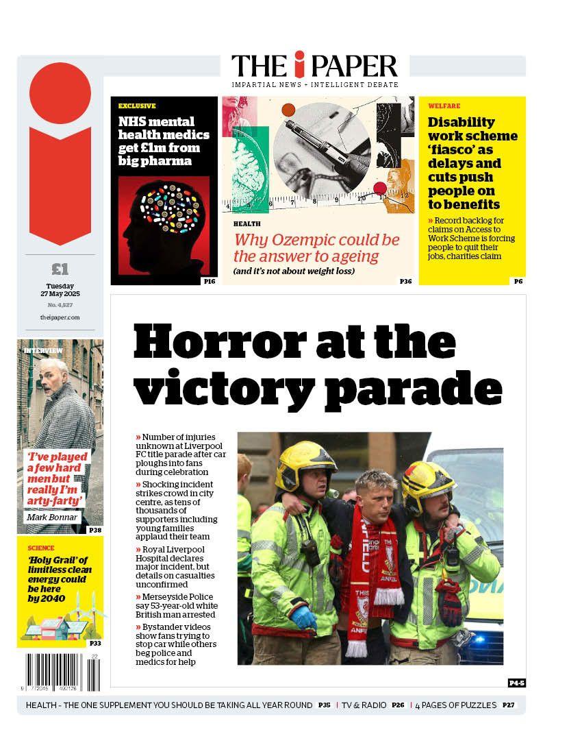 The headline on the front page of the i Paper reads: "Horror at the victory parade".