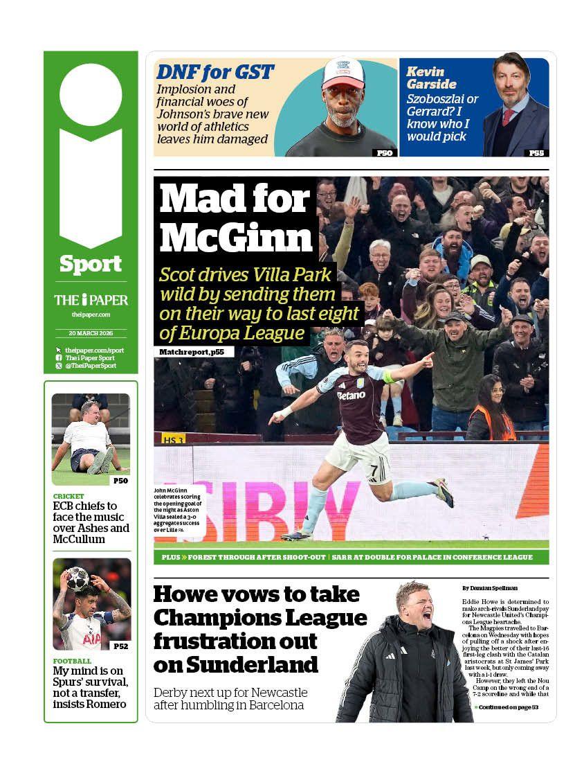Back page of the i with the headline "Howe vows to take Champions League frustration out on Sunderland".