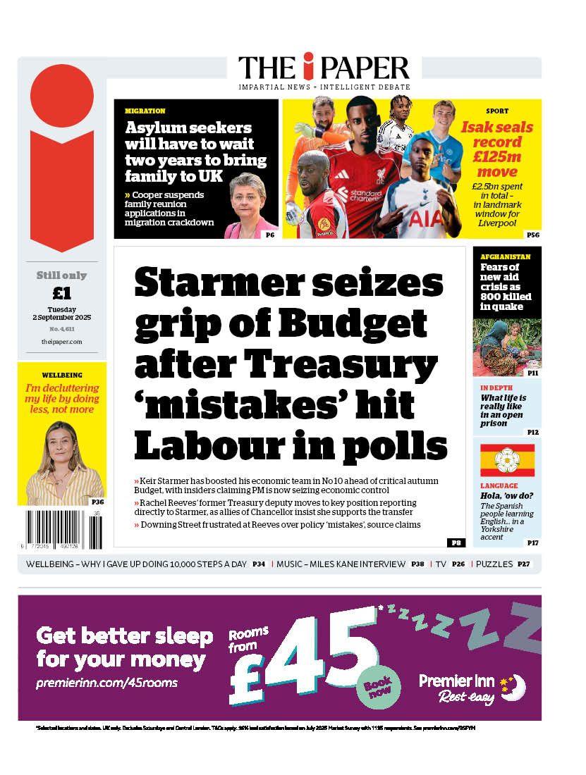 The headline on the front page of the i Paper reads: "Starmer seizes grip of Budget after Treasury 'mistakes' hit Labour in polls".