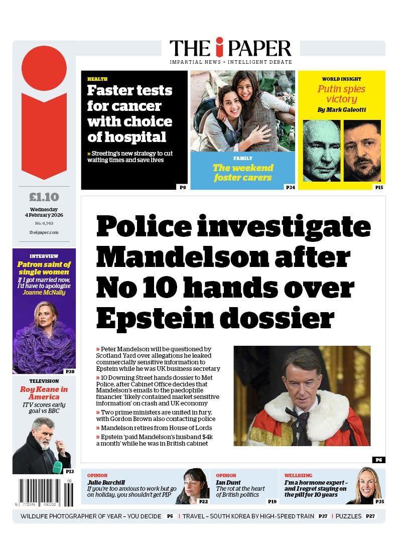 “Policia heton Mandelsonin pasi numri 10 dorëzoi dosjen e Epsteinit”, shkruhet në titullin kryesor në faqen e parë të gazetës iPaper.