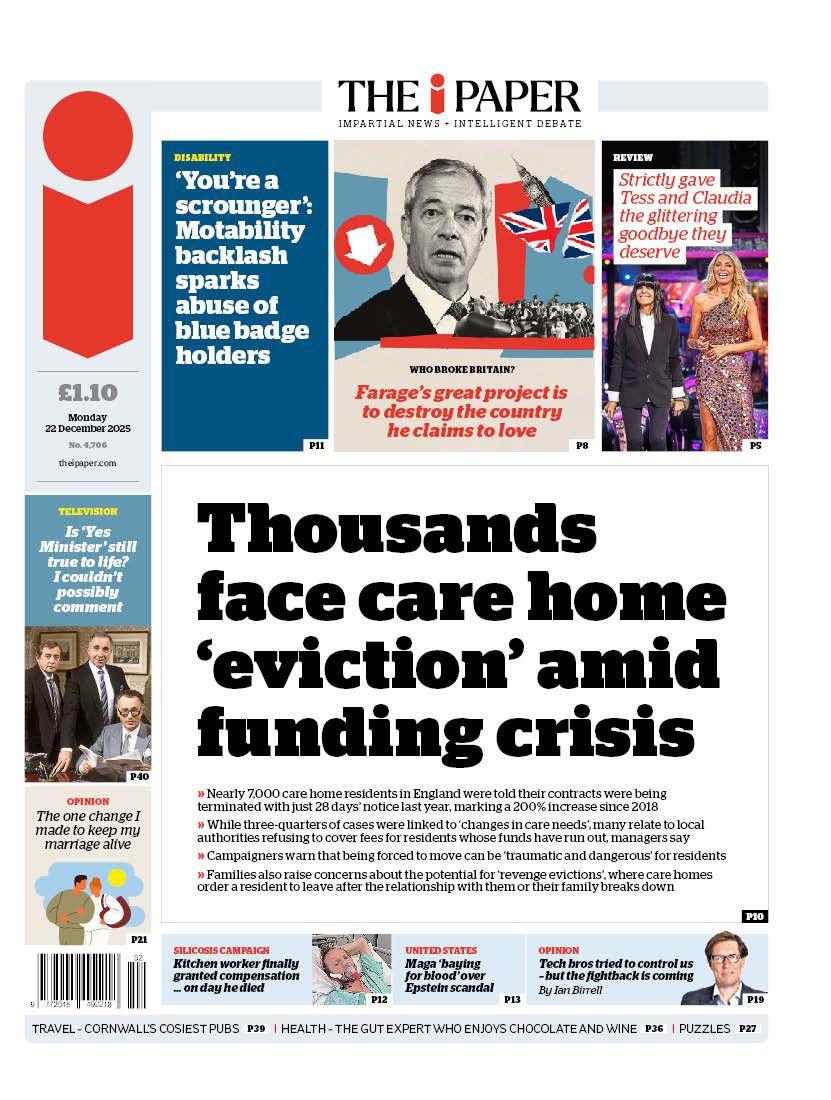 Titulli në faqen e parë të i shkruan: "Mijëra persona përballen me 'dëbim' nga azilet e kujdesit për shkak të krizës së financimit".