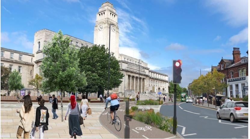 Artist's impression of Woodhouse Lane through Leeds, with the University of Leeds on the left and cyclists, pedestrians, traffic lane, a car, trees and bushes.