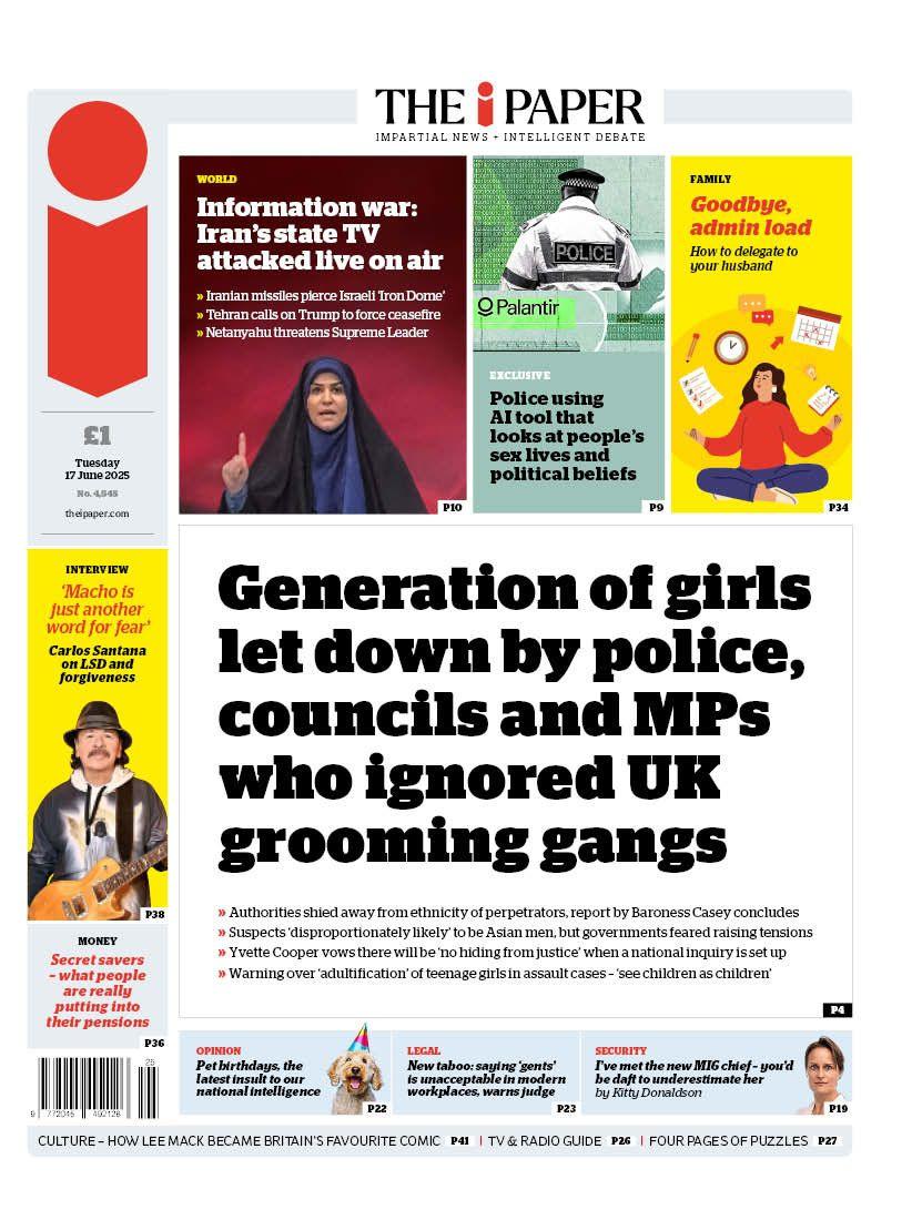 The headline on the front page of the i Paper reads: "Generation of girls let down by police, councils and MPs who ignored UK grooming gangs".