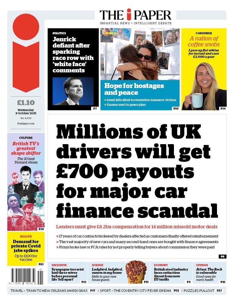 The headline on the front page of the i Paper reads: "Millions of UK drivers will get £700 payouts for major car finance scandal."