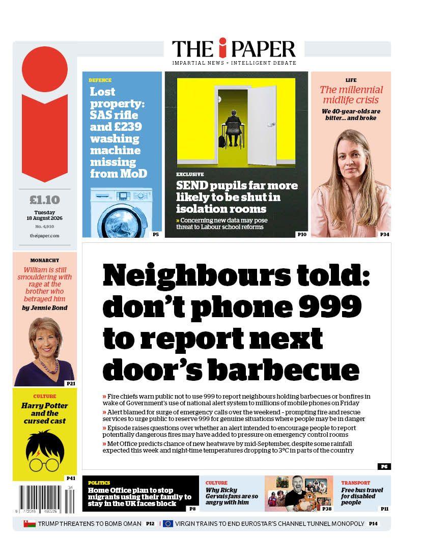 The headline on the front page of the i Paper reads: "Neighbours told: don't phone 999 to report next door's barbecue."